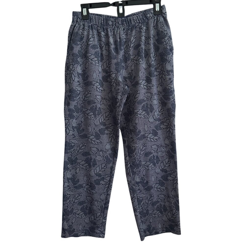 Lands End Sport Knit Straight Leg Pants S  Blue Leaf Pattern Elastic Waist